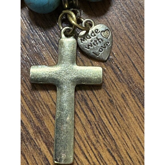 Beaded Blue Bracelet with Cross Made With Love Faux Turquoise Stretchy Rhineston - Picture 7 of 7